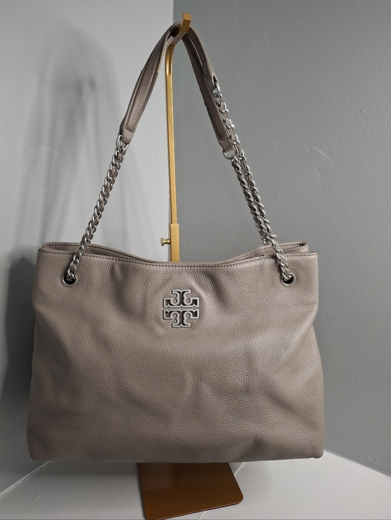 Tory Burch Handbags - Tory Burch Taupe Pebbled Leather Chain Strap Tote Shoulder Bag Large